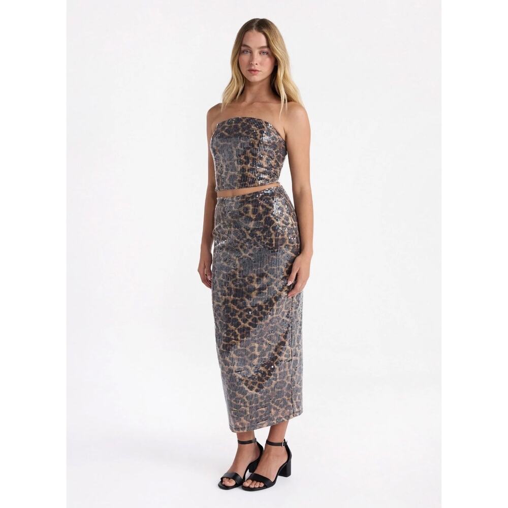 Women’s No Boundaries 2 Pc Strapless Sequin Tube Skirt Set Leopard Size M (8-10)